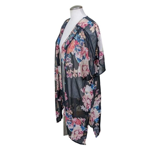 Band Of Gypsies Womens S Black Sheer Floral Kimono Duster Open Boho Whimsigoth - Picture 5 of 6